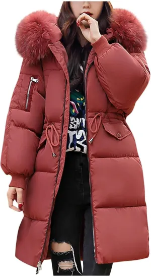 Womens Winter Coats Warm Parkas Hooded Down Padded Winter Jackets Long Quilted Puffer Jacket Coat with Fur Hood
