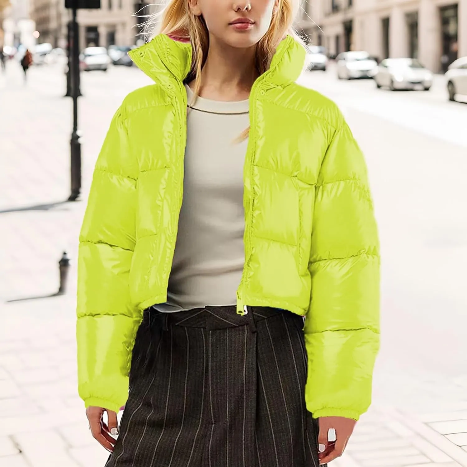 Women's Winter Warm Stand Collar Jackets Slim Fit Cropped Puffer Down Coats Casual Stylish Winter Outerwear
