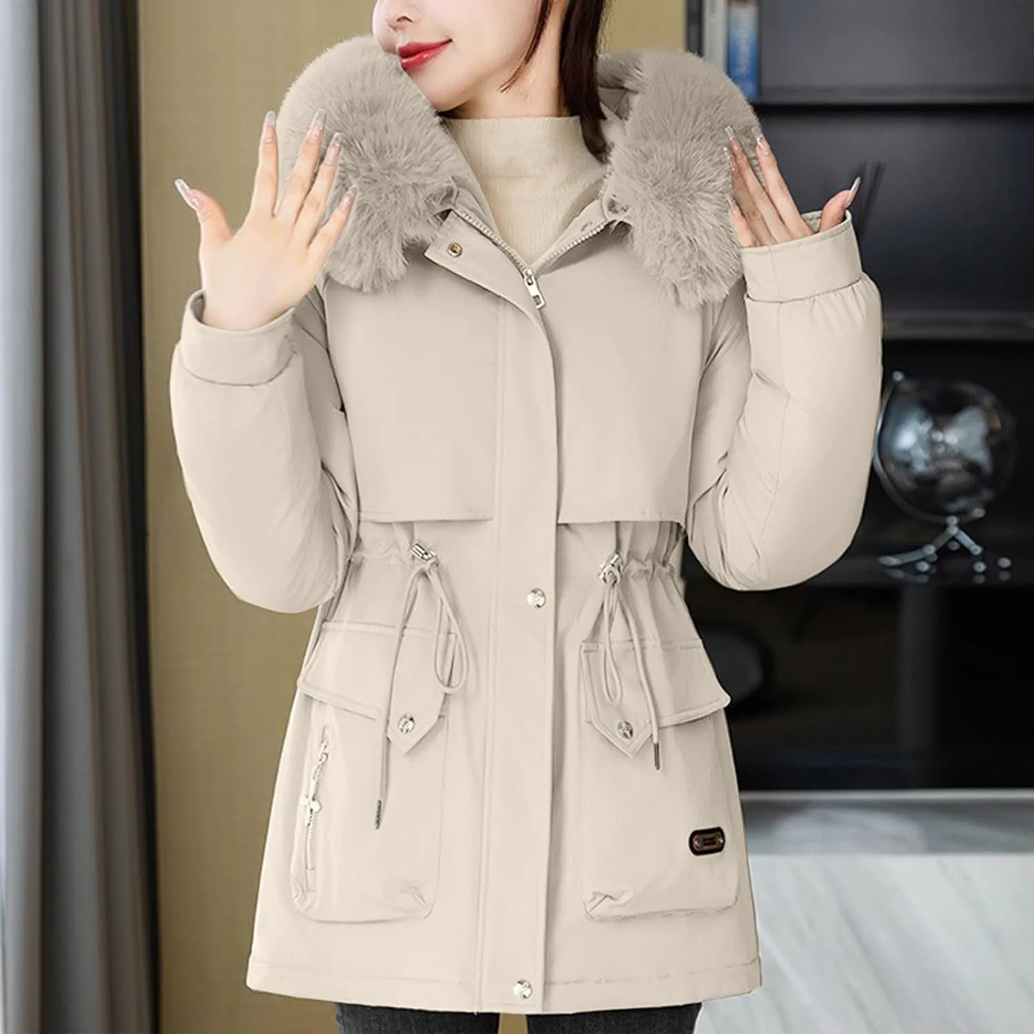 Women's Winter Windproof Coats Thicken Parka Jacket Military Anorak Heavyweight Down Puffer Jacket With Fur Faux Hood