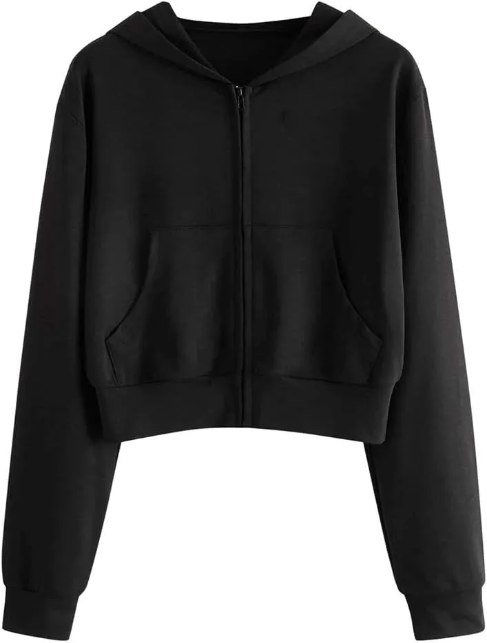 Womens Zip Up Hoodies Cropped Casual Oversized Sweatshirts Fleece Long Sleeve Drawstring Pocket Hooded Jacket Tops