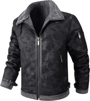 Xiaojmake Shearling Leather Jacket Men Suede Fleece Aviator Jacket Faux Fur Sherpa Lined Bomber Jacket Casual Warm Fur Coat
