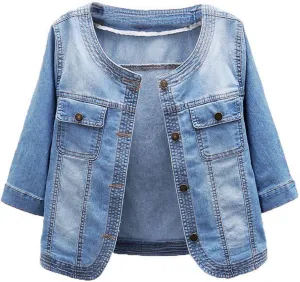yardsong Denim Cropped Jackets for Women Button Down Short Sleeve Trucker Outwear Casual Distressed Lightweight Jean Coat
