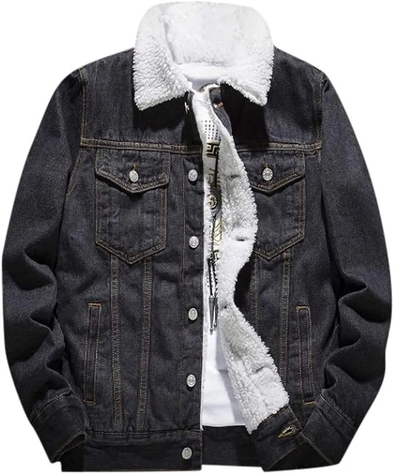 Ymosrh Men's Fashion Jacket Trendy Sherpa Lined Denim Jackets Fleece Warm Winter Work Trucker Coats Work Jacket, S-6XL