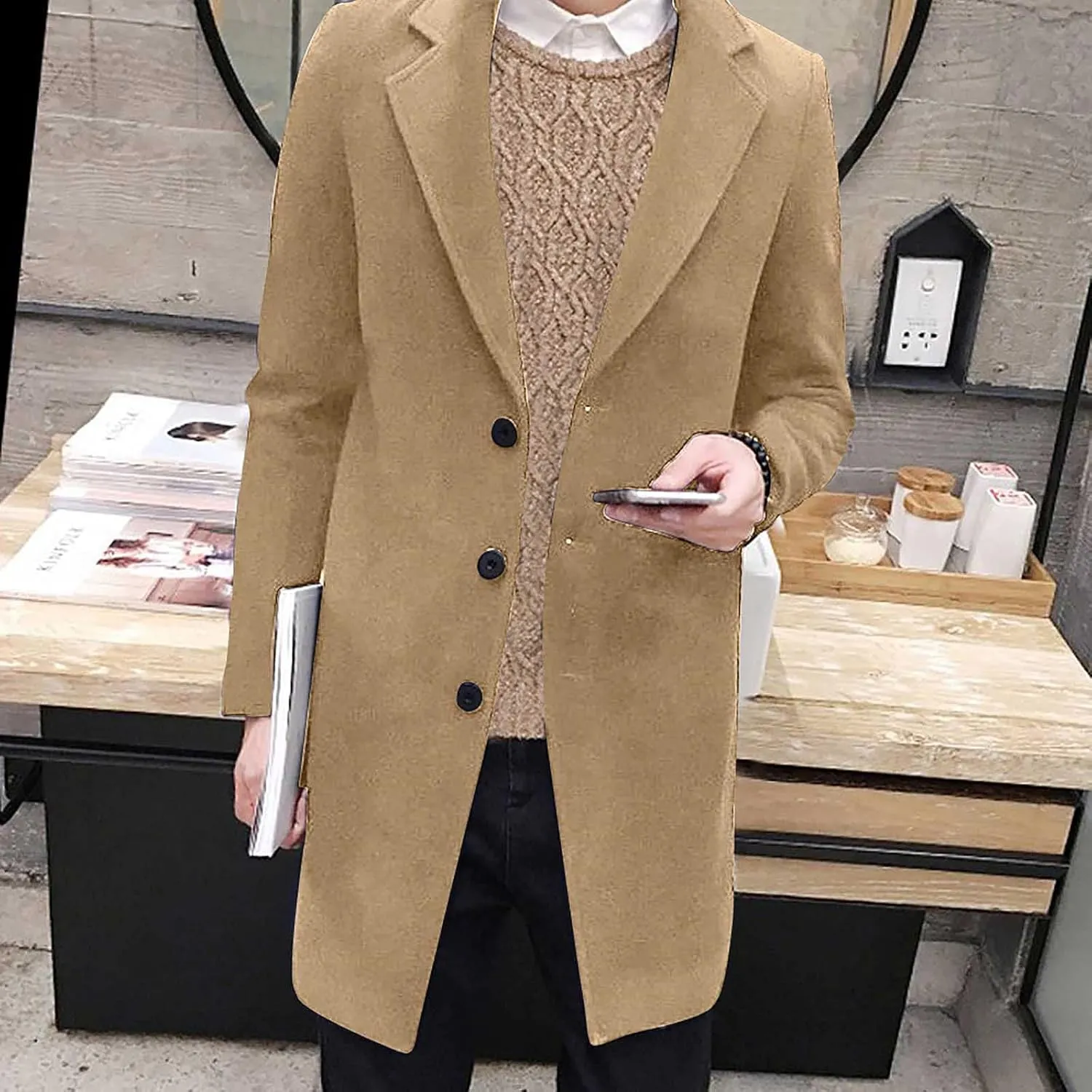 Ymosrh Winter Jackets for Men Formal Single Breasted Figuring Overcoat Long Wool Warm Jacket Outwear Mens