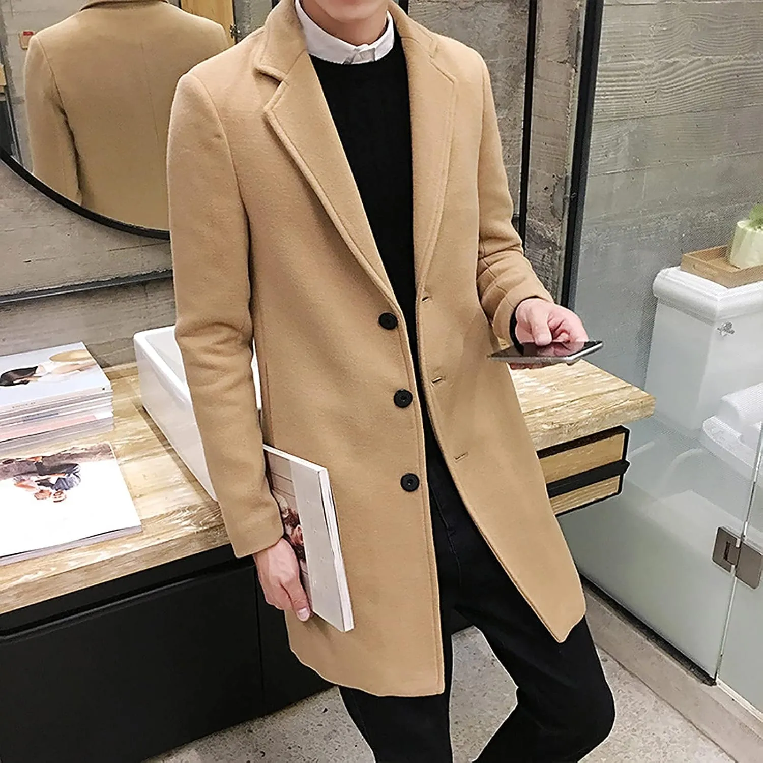 Ymosrh Winter Jackets for Men Formal Single Breasted Figuring Overcoat Long Wool Warm Jacket Outwear Mens