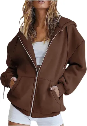 Zip Up Hoodies Womens Long Sleeve Oversized Sweatshirts Solid Color Casual Sweater Fleece Jackets with Pockets