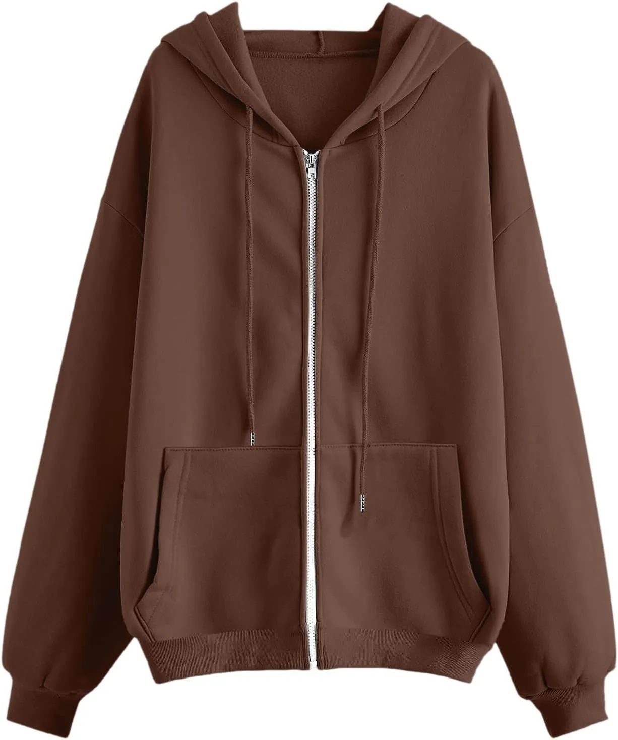 Zip Up Hoodies Womens Long Sleeve Oversized Sweatshirts Solid Color Casual Sweater Fleece Jackets with Pockets